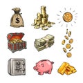 Cartoon finance money set. Sack of dollars, stack of coins, coin with dollar sign, treasure chest, paper money, falling