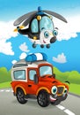 Cartoon fire fighter car smiling looking on the road and police helicopter flying over Royalty Free Stock Photo