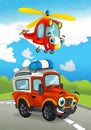 Cartoon fire fighter car smiling looking on the road and police helicopter flying over Royalty Free Stock Photo