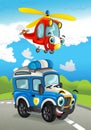 Cartoon fire fighter car smiling looking on the road and police helicopter flying over Royalty Free Stock Photo