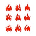 Cartoon fire flame collection vector. Red fire, fire element, campfire, heat wildfire, flame icon vector illustration set Royalty Free Stock Photo