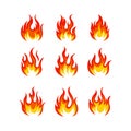 Cartoon fire flame collection vector. Red fire, fire element, campfire, heat wildfire, flame icon vector illustration set Royalty Free Stock Photo