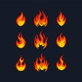 Cartoon fire flame collection vector. Red fire, fire element, campfire, heat wildfire, flame icon vector illustration set Royalty Free Stock Photo