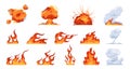 Cartoon fire flame. Flat fireball smoke and explosion effects, flames of different shapes. Vector fire ignition and heat