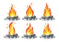 Cartoon fire flames, bonfire, campfire isolated on background. Vector flat design