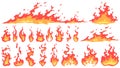 Cartoon fire flames. Fireball flame, red hot fire and campfire fiery silhouettes vector set. Burning effect, dangerous natural