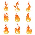 Cartoon fire flames vector set. Ignition light effect, flaming symbols Royalty Free Stock Photo