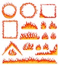 Cartoon fire frame. Red hot burning circle and rectangular frames. Horizontal flame border, campfire, blazing fire line