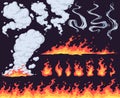 Cartoon fire and smoke. Bright fire flame, red fiery flames and smoke clouds effect vector set. Dangerous wildfire Royalty Free Stock Photo