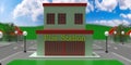 Cartoon fire station downtown concept. Gray and red firehouse building background. 3d illustration