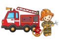 Cartoon fire truck with fireman or firefighter. Fire fighting. Professional transport. Profession. Colorful vector illustration