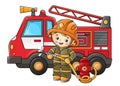 Cartoon fire truck with fireman or firefighter. Fire fighting. Professional transport. Profession. Colorful vector illustration