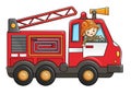 Cartoon fire truck with fireman or firefighter. Professional transport. Profession. Colorful vector illustration for kids Royalty Free Stock Photo