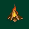Cartoon Fire Wood and Campfire on a Green. Vector