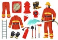 Cartoon firefighter character with fire fighting equipment and tools. Fireman uniform, hydrant, fire alarm, extinguisher Royalty Free Stock Photo