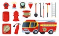 Cartoon firefighter equipment and tools, axe, extinguisher and firehose. Fire truck, hydrant, bucket, firefighting