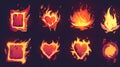 A cartoon fireframe with bonfire, red and yellow flame tongues on the edges, rectangular, square, round and heart-shaped Royalty Free Stock Photo