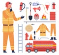 Cartoon fireman character in uniform, firefighter equipment and tools. Water hose, fire engine, extinguisher, helmet and