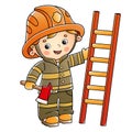 Cartoon fireman or firefighter with a fire extinguishing ladder and a hatchet. Profession. Colorful vector illustration for kids