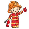 Cartoon fireman or firefighter with a megaphone or horn and fire extinguisher. Profession. Colorful vector illustration for kids