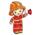 Cartoon fireman or firefighter with a megaphone or horn. Profession. Colorful vector illustration for kids