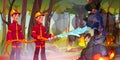 Cartoon firemen extinguishing wildfire in forest