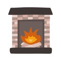 Cartoon fireplace with brickwork, fire on the firewood. Furniture for living room interior in boho style. Hand drawn vector