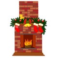 Cartoon fireplace with Christmas decorations and socks