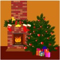 Cartoon fireplace with Christmas decorations and socks, firtree