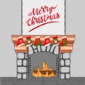 A cartoon fireplace decorated for Christmas. Vector illustration