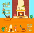 Cartoon Fireplace Interior for House. Vector
