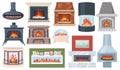 Cartoon fireplaces and hearths. Home interior heating. Cozy room elements. Modern domestic fire. Retro stove. Warm house