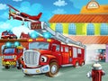 Cartoon firetruck driving out of fire station to action with other different fireman vehicles Royalty Free Stock Photo