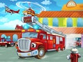 Cartoon firetruck driving out of fire station to action with other different fireman vehicles Royalty Free Stock Photo