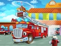 Cartoon firetruck driving out of fire station to action with other different fireman vehicles Royalty Free Stock Photo