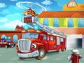 Cartoon firetruck driving out of fire station to action with other different fireman vehicles Royalty Free Stock Photo