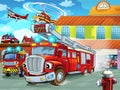 Cartoon firetruck driving out of fire station to action with other different fireman vehicles Royalty Free Stock Photo