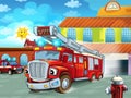 Cartoon firetruck driving out of fire station to action with other different fireman vehicles Royalty Free Stock Photo