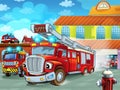 Cartoon firetruck driving out of fire station to action with other different fireman vehicles Royalty Free Stock Photo