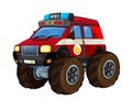 Cartoon firetruck monster truck on white background with fire sign on the side Royalty Free Stock Photo