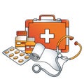 Cartoon first aid kit and professional instruments of doctor. Medical logo. Colorful vector illustration for kids