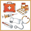 Cartoon first aid kit and professional instruments of doctor. Medical logo. Profession. Colorful vector illustration for kids