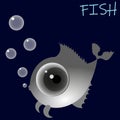 Art cartoon fish with big eye and air bubbles on dark blue background