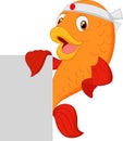 Cartoon fish chef holding blank sign