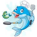 Cartoon fish chef holding a frying pan and spatula