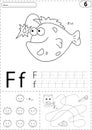 Cartoon fish, face and fox. Alphabet tracing worksheet: writing Royalty Free Stock Photo