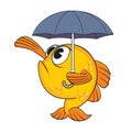 Cartoon fish holding an umbrella and checking for rain with its fin