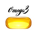 Cartoon fish oil capsule on a white background with lettering. Useful vitamins Omega 3. Vector object with calligraphy Royalty Free Stock Photo