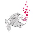 Cartoon fish with pink lips and red bubbles like heart isolated on white background. Royalty Free Stock Photo