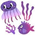 Cartoon fish set jellyfish and shall and coral for fabrics and wrapping paper and kids clothes print Royalty Free Stock Photo